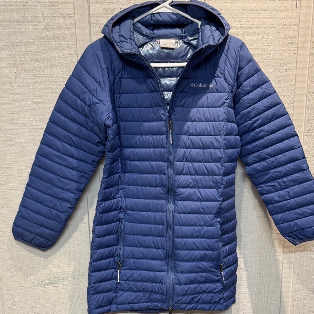 Columbia Kids large Omni heat periwinkle blue long hooded Puffer Coat